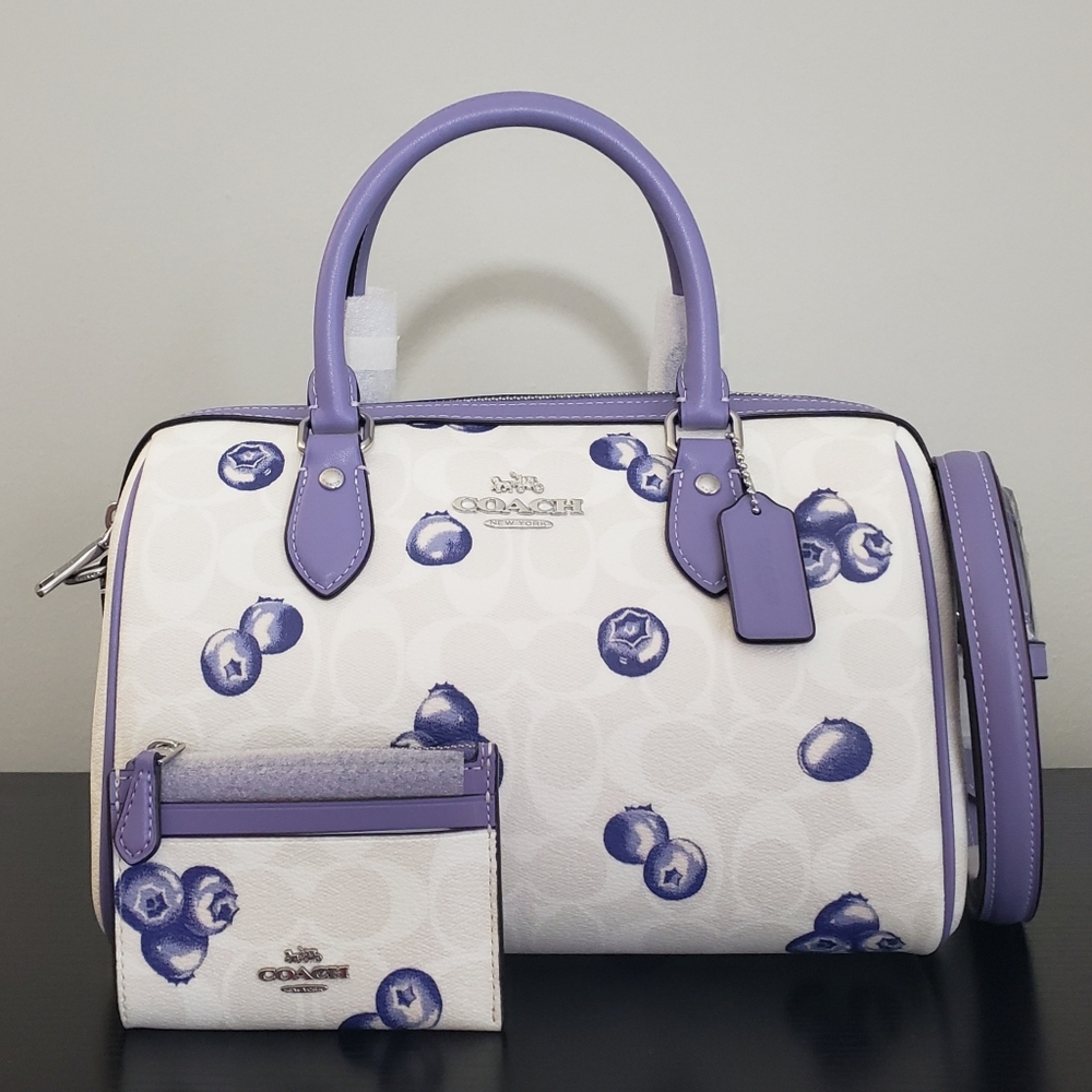 NWT! COACH SIGNATURE BLUEBERRY PRINT ROWAN SATCHEL BAG & MATCHING CARD CASE SET